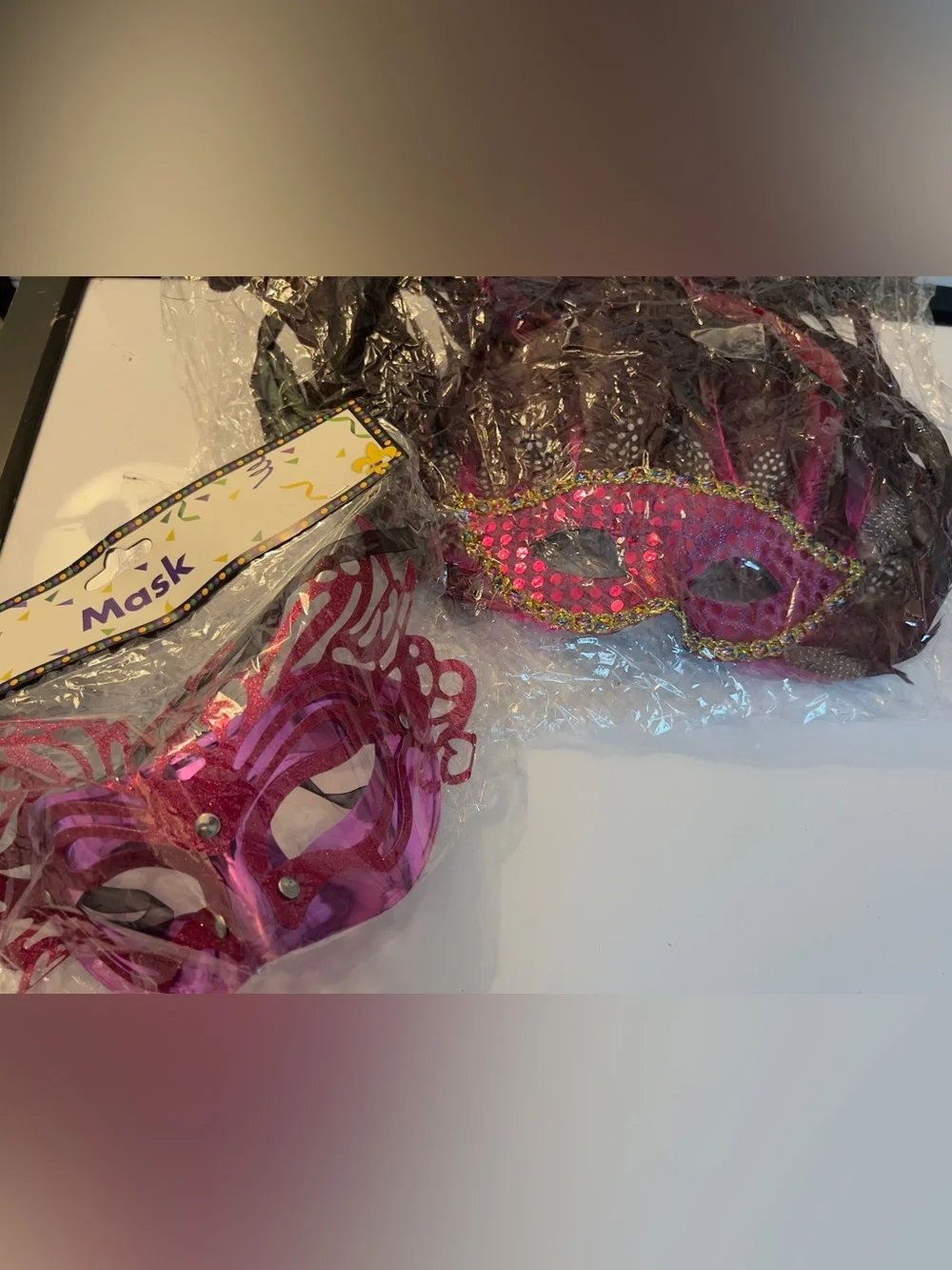 Feathered Large Masquerade Mask in Deep Pink and Medium Pink Sequin Mask